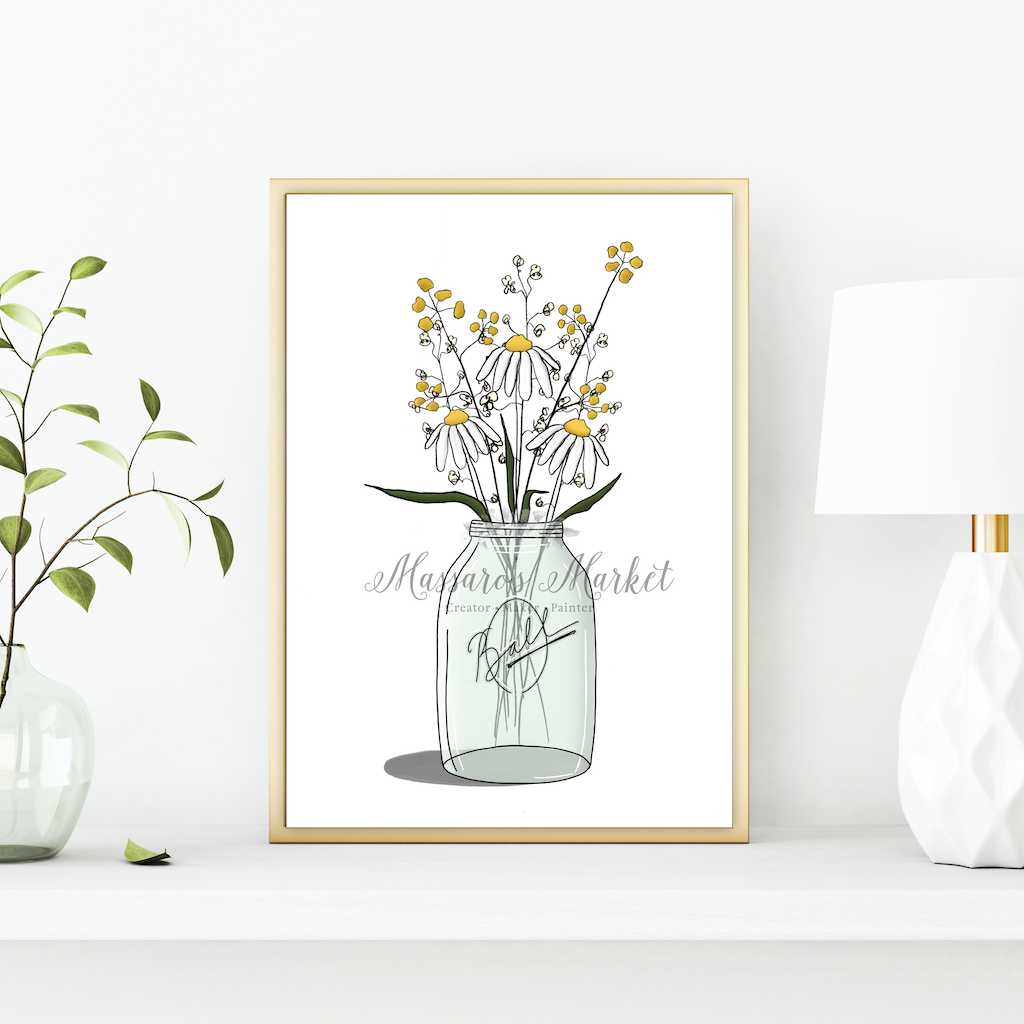 Mustard Flowers, Mason Jar, Farmhouse Art - Original Art