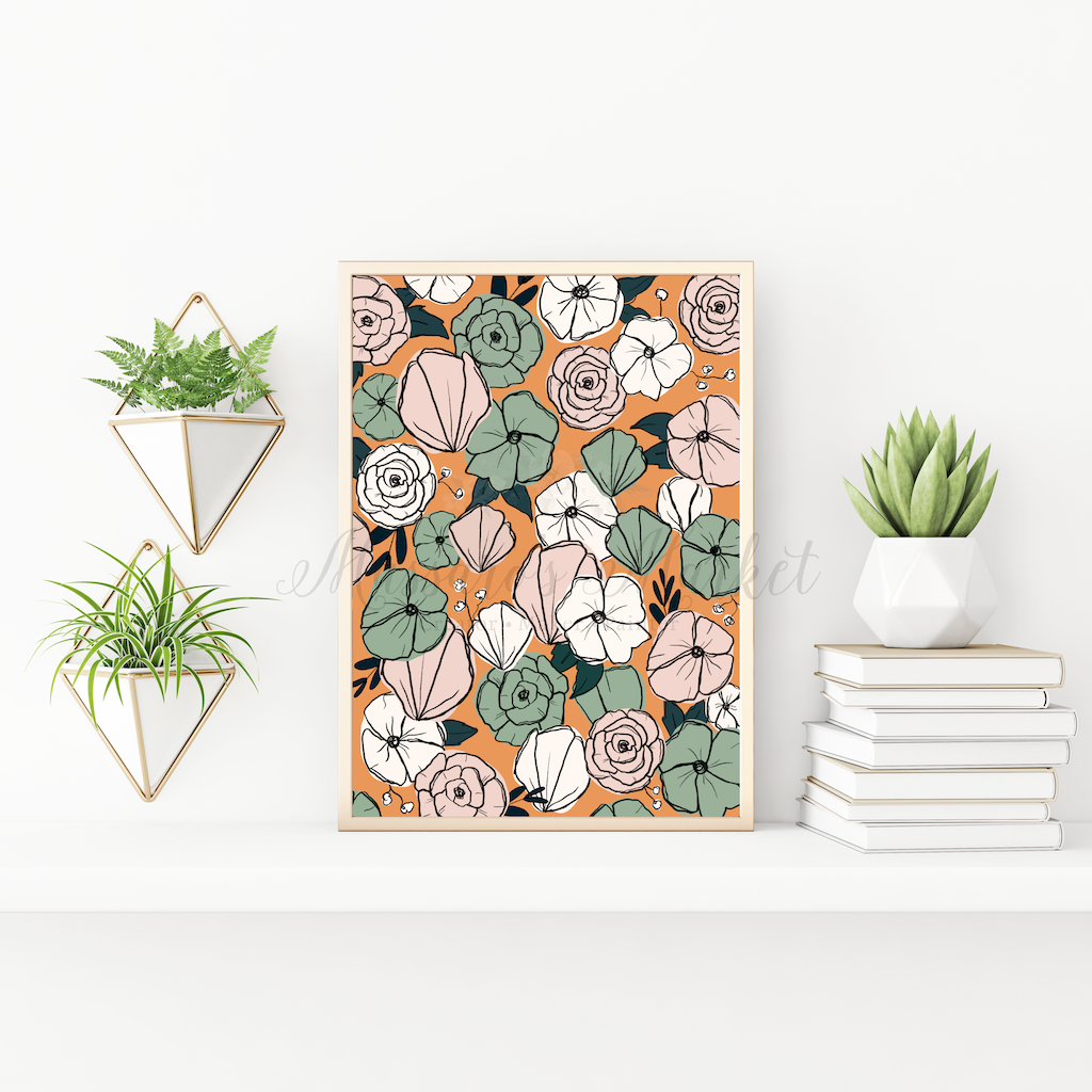 Orange Floral Art Print, Roses, Poppy