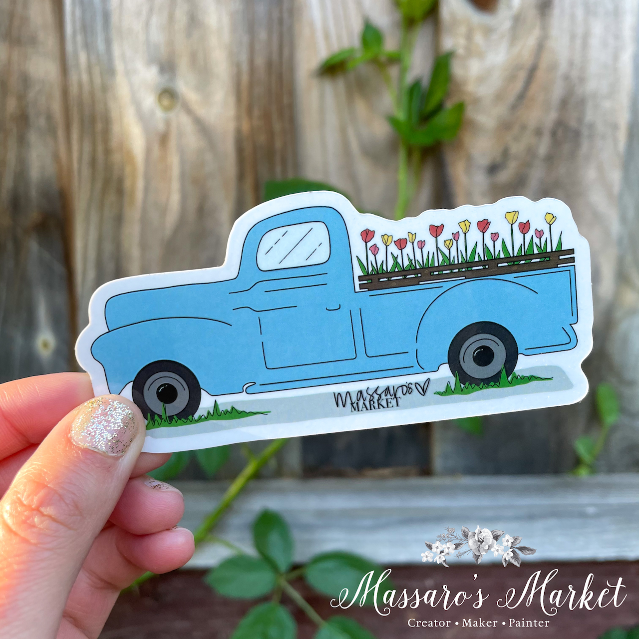 Little Blue Truck, Tulips, Bed Full of Flowers-Vinyl Sticker, UV and Water Proof