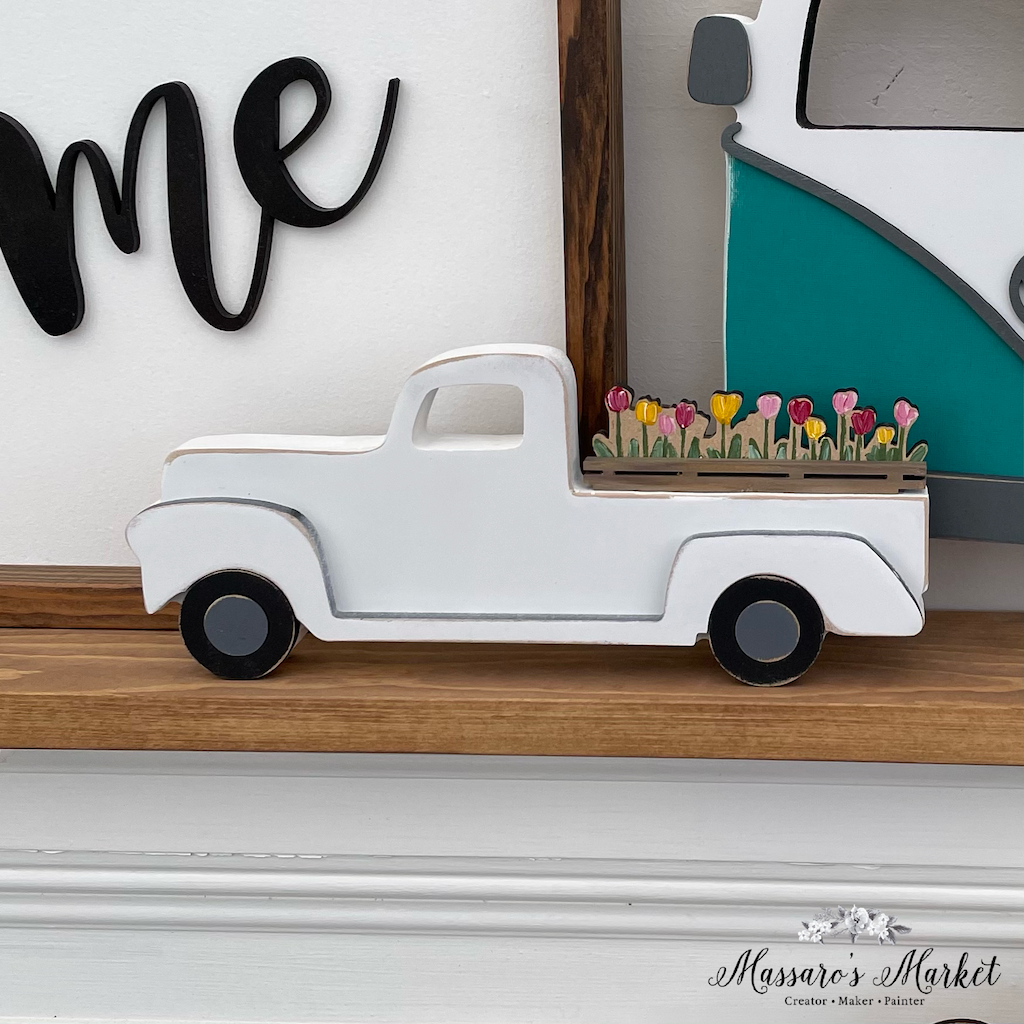 Spring Truck, Floral, Holiday, Decor- White