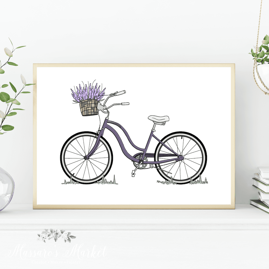 Bike Blooms - Digital Illustration Art Print Lavender Vintage Prints