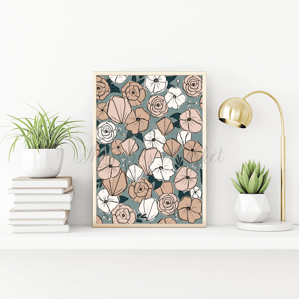 Blush Pink Plus Sea Green Floral Art Print Prints