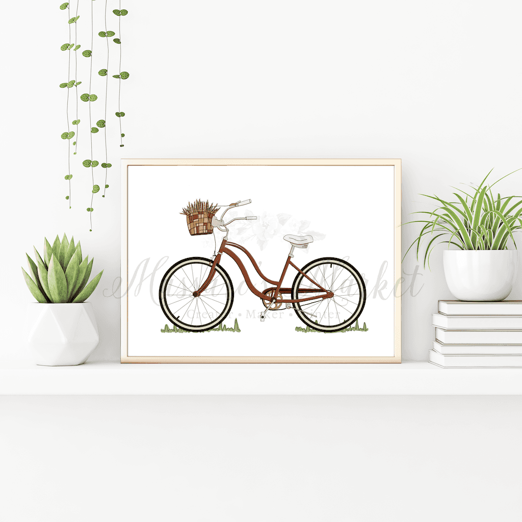Fall Bike Rust Orange Wheat Bundles Decor - Art Print Digital Illustration Prints