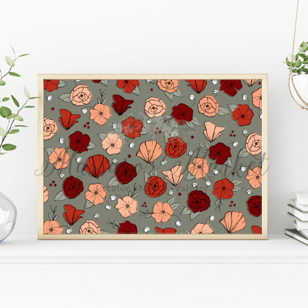 Fall Floral Art Print Sea Green With Red Roses Poppy Prints