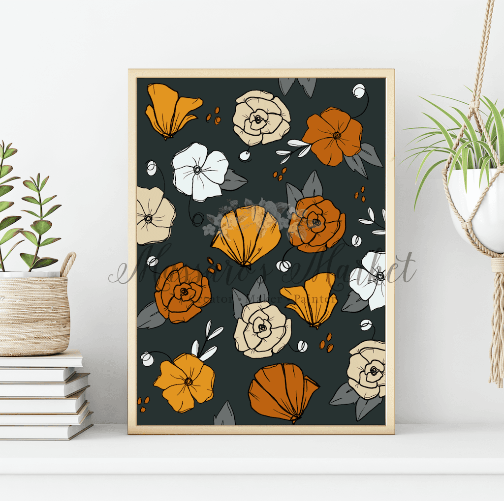 Fall Orange Floral Art Print Roses Poppy Prints