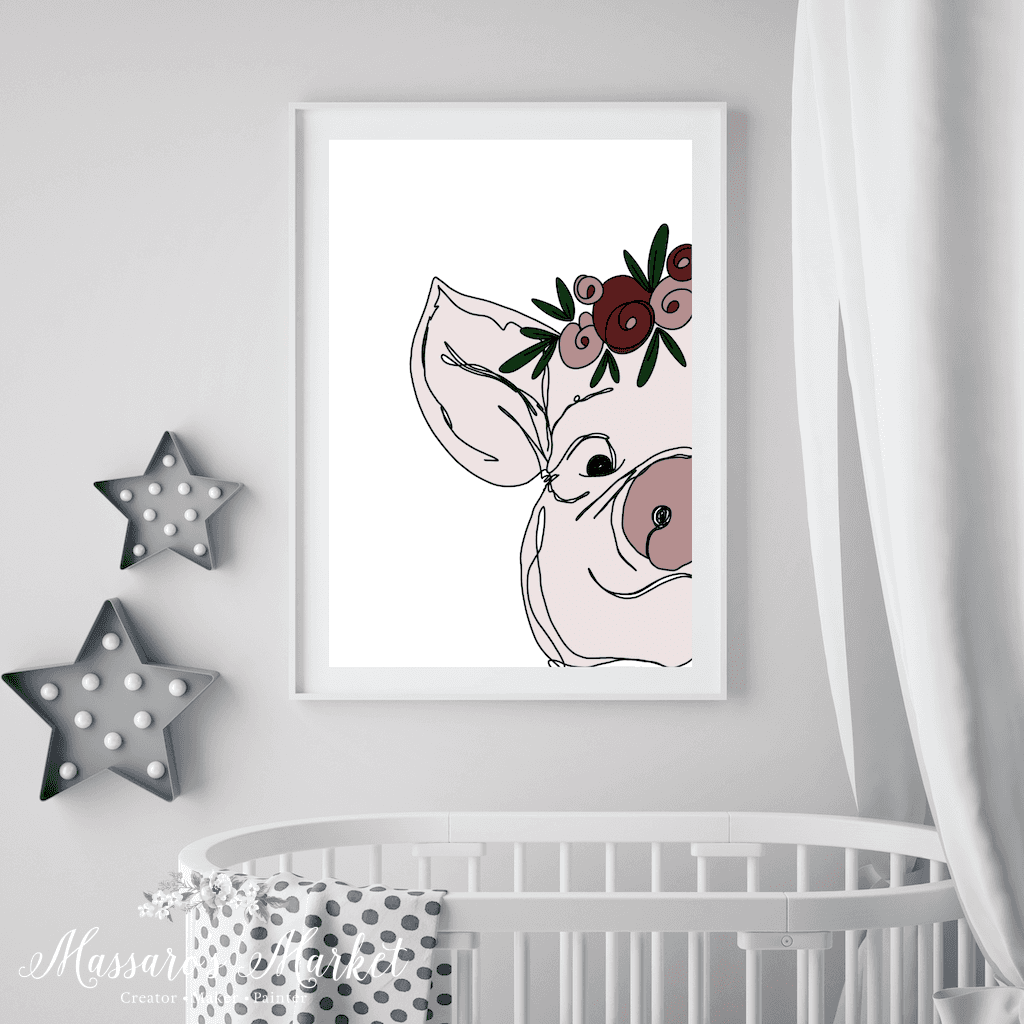 Floral Pig- Digital Illustration Wall Art Nursery Decor Prints