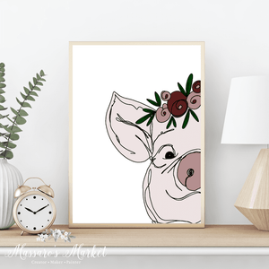 Floral Pig- Digital Illustration Wall Art Nursery Decor Prints