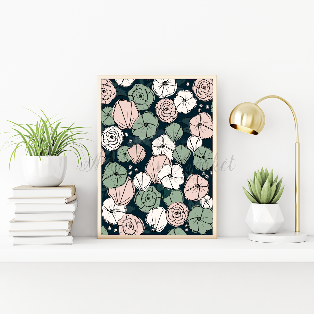 Navy with Pastel Floral Art Print, Roses, Poppy