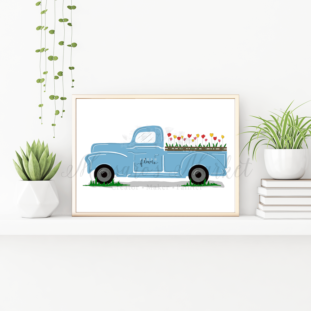 Vintage Truck,Fresh Flowers- Powder Blue, Farmhouse Decor